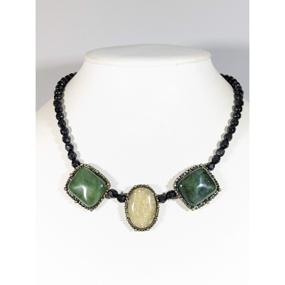 Black Glass Bead green Ivory Color Acrylic Square Oval Cabochon Necklace 16.5 in